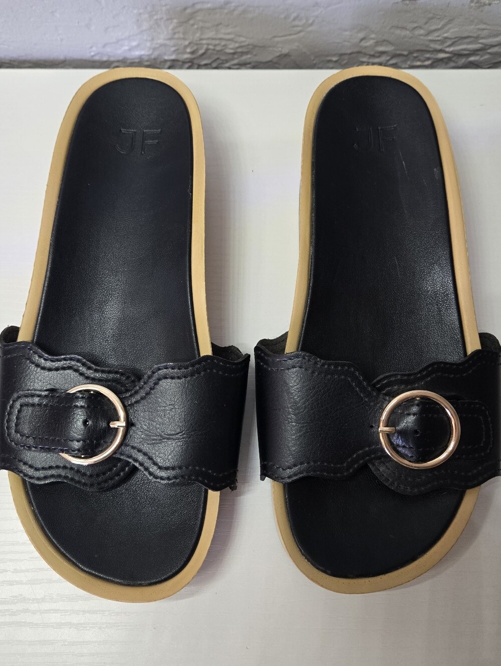 JustFab Black Slide Sandals with Gold Buckle